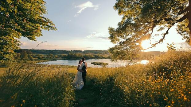 Pareja de novios al atardecer